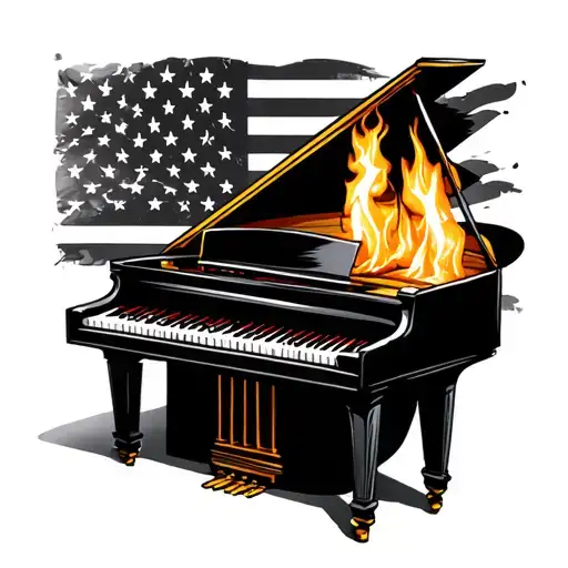 piano with three keys pressed down and a realistic flame from a gas ignition. behind it an American flag worn  tattoo design idea