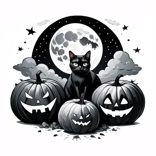 Ghost, moon, clouds, 2 pumpkins, black cat tattoo design idea
