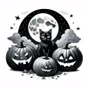 Ghost, moon, clouds, 2 pumpkins, black cat tattoo design idea