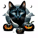 Ghost, moon, clouds, 2 pumpkins, black cat tattoo design idea