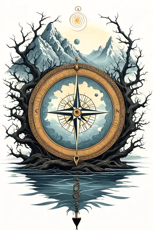  Compass with Mountain and River,Tree of Life with more twisty long eerie branches, mandala lotus flow, nature element tattoo design idea