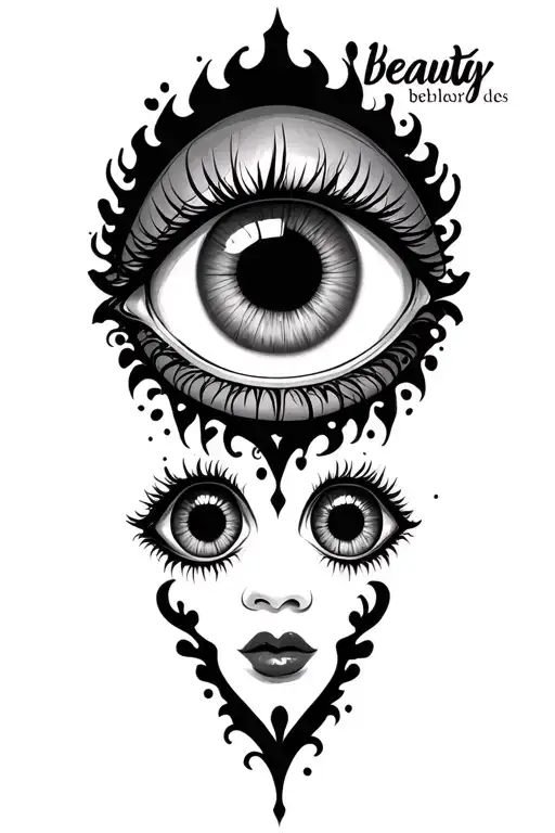 "beauty" above three traditional black and grey eyeballs with "beholder" below  tattoo design idea