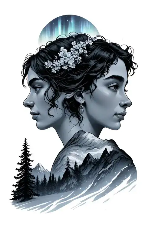 couple looking into the distance at the aurora borealis and mountains and forest tattoo design idea