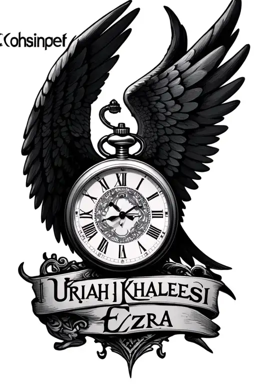 "Urijah Khaleesi Ezra" pocket watch angel wings tattoo design idea
