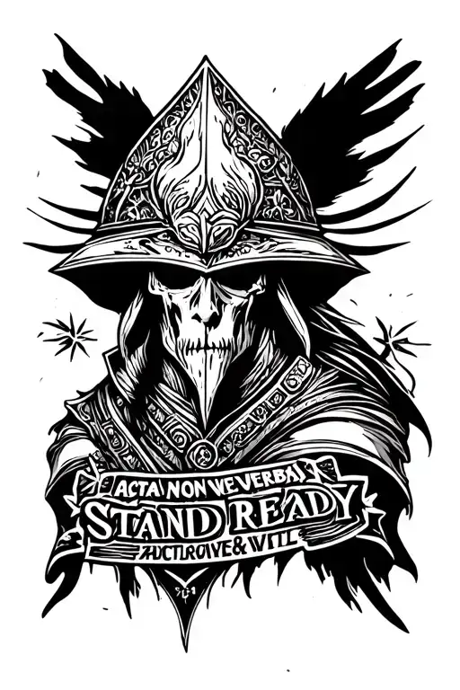 phrases ''acta non verba'' and ''stand ready''. Graphics to include theme of protective warrior, loyalty and resilience tattoo design idea