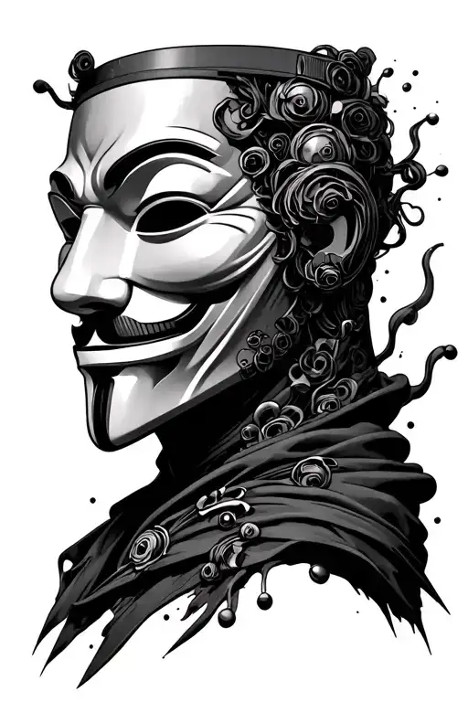 Trust Nobody for motive, Use Anonymous mask as main part, and illustrate as dark cyber world tattoo design idea