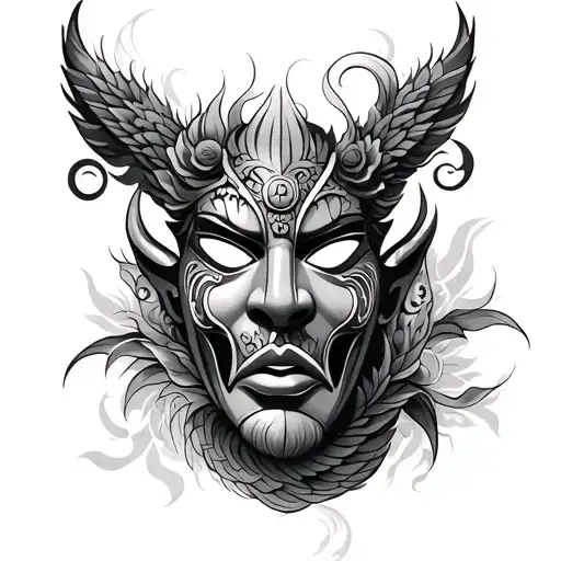 bakunawa mask looking back tattoo design idea