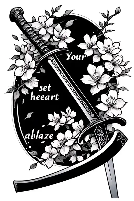 japanese sword with "set your heart ablaze" in japanese with cherry blossoms surounding tattoo design idea