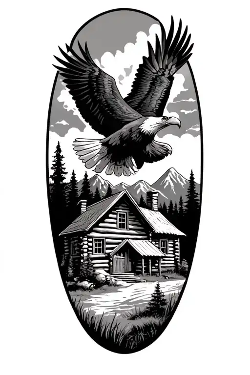 log cabin up on a mountain with a bald eagle soaring in the sky with a acoustic guitar tattoo design idea