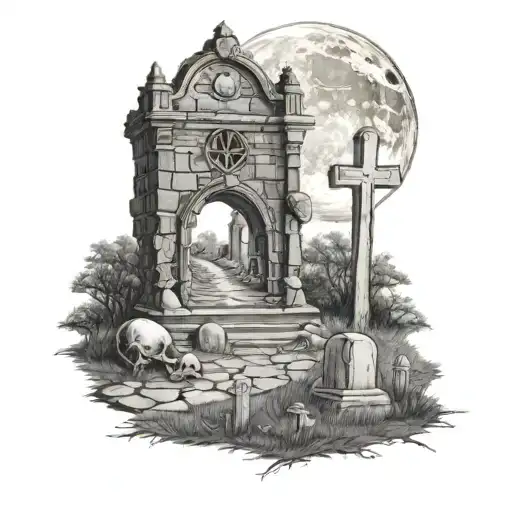 graveyard with hollow full moon tattoo design idea