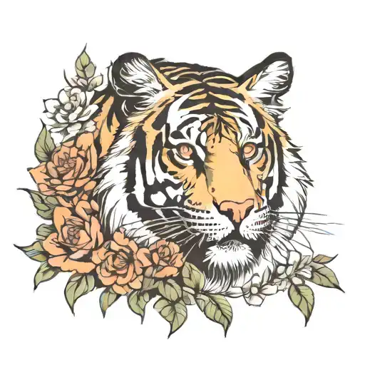 tiger with flowers and butterflies coming tattoo design idea