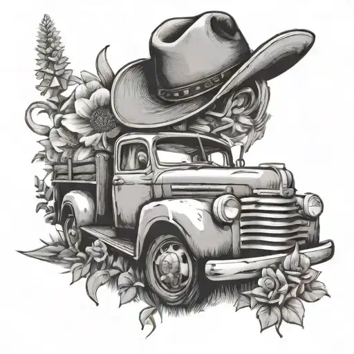 Flower garden, old truck, cigar and cowboy hat. happy tattoo design idea
