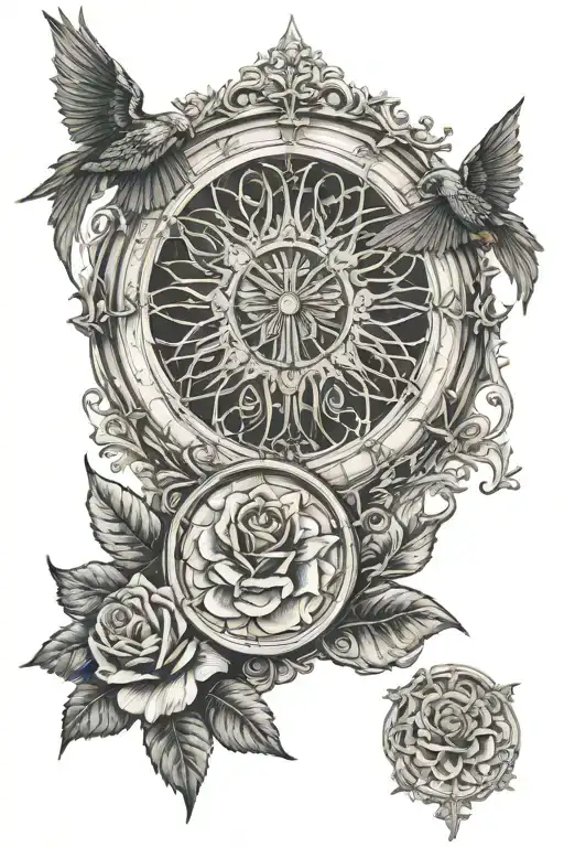 gothic rose window on shoulder and under st. michael tattoo design idea