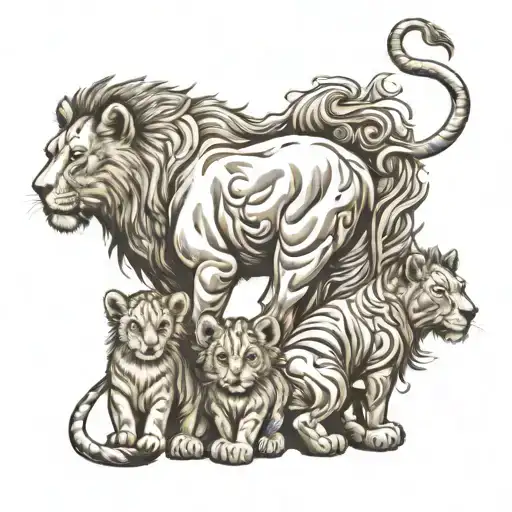 momma lion with 3 baby cubs black and white full back tattoo tattoo design idea