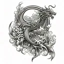 acacia tree, waves, flames, crescent moon, sun, clouds, dragons, Japanese tattoo design idea