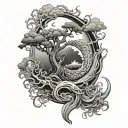 acacia tree, waves, flames, crescent moon, sun, clouds, dragons, Japanese tattoo design idea