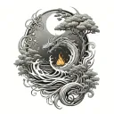 acacia tree, waves, flames, crescent moon, sun, clouds, dragons, Japanese tattoo design idea