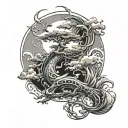 acacia tree, waves, flames, crescent moon, sun, clouds, dragons, Japanese tattoo design idea