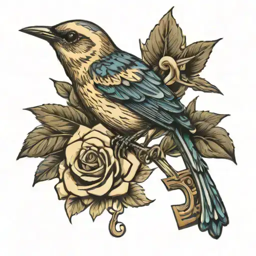 skeleton key shaped like wren tattoo design idea