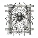 An abstract representation of a spider intertwined with cybersigilism symbols on a fence tattoo design idea