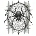 An abstract representation of a spider intertwined with cybersigilism symbols on a fence tattoo design idea