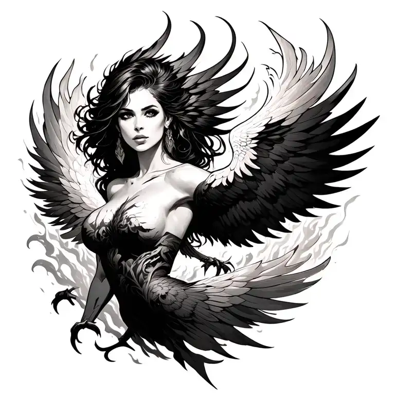 sexy and busty warrior woman rising as a phoenix with flame and ash tattoo design idea