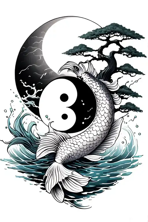 Japanese back tattoo with black sun, Koi carp, ying and yang, splashing water and bonsai tree tattoo design idea
