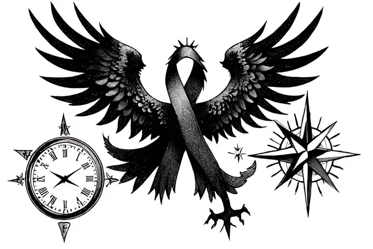 Phoenix, checker flag, compass, clock, cancer ribbon tattoo design idea