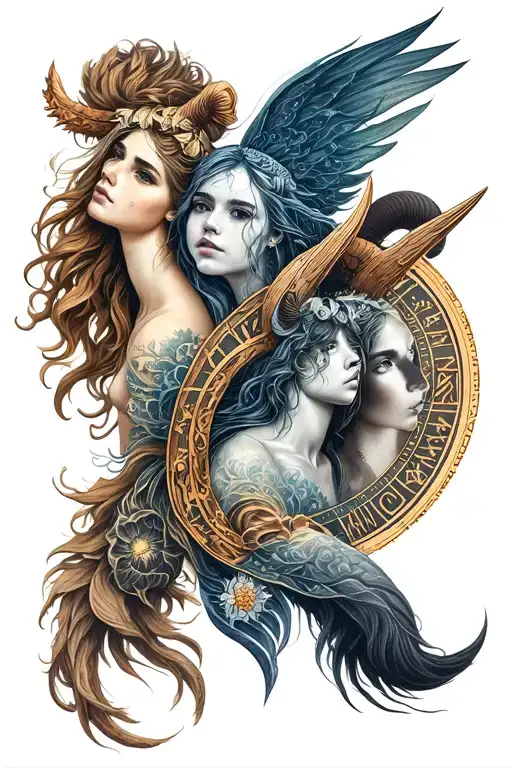 Sagittarius and virgo and Aquarius  and Aries zodiac sign all together tattoo design idea