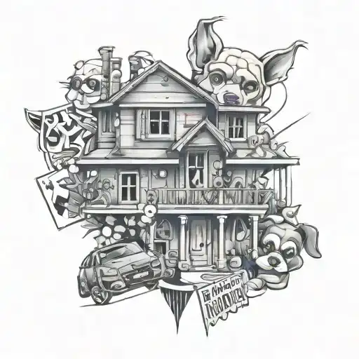 combined tattoo. house, heart, joker & harley quinn, dogs, capuchin monkey, money and gold bars, audi, cupra, peugot, tattoo design idea