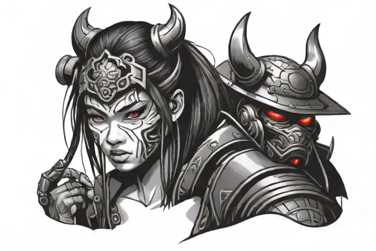 cyberpunk samurai girl with oni mask tattoo design idea