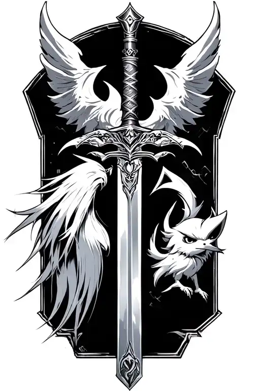 final fantasy cloud's sword, sephiroth's sword, squall's gunblade, tidas' sword, auron's sword and chocobo, moogle, tonb tattoo design idea