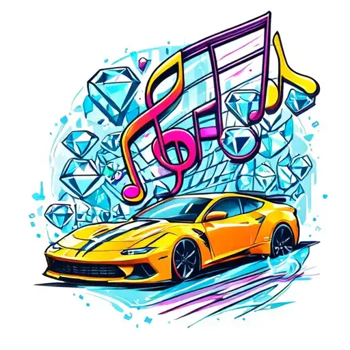 feminine music notes and diamonds, cars driving fast tattoo design idea