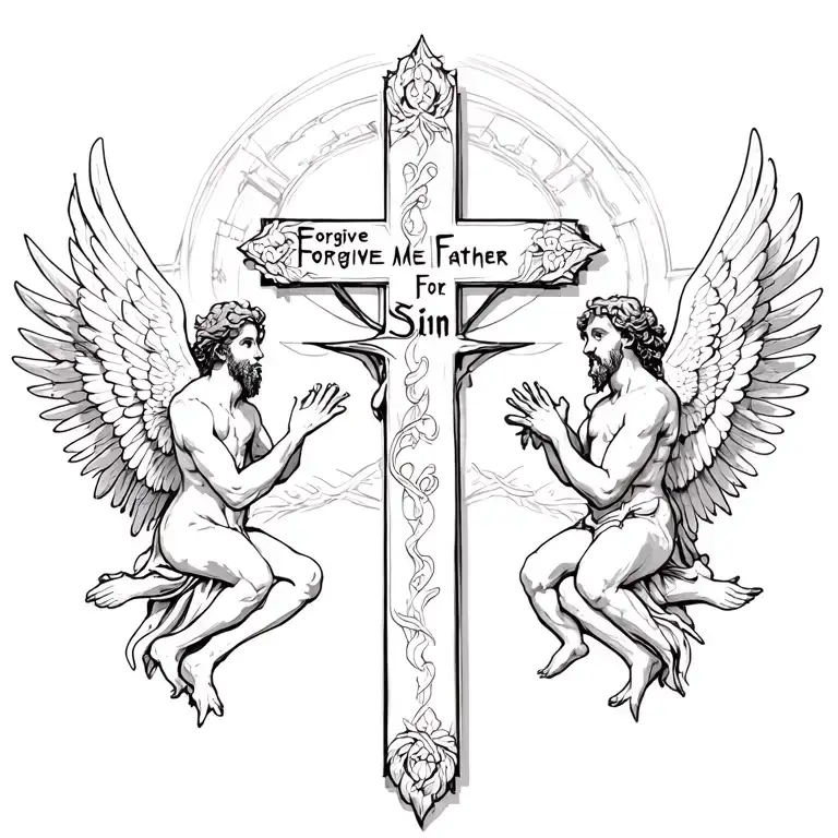 A cross in the middle with angels on one side and demons on the other with the phrase "Forgive Me Father For I Sin"  tattoo design idea