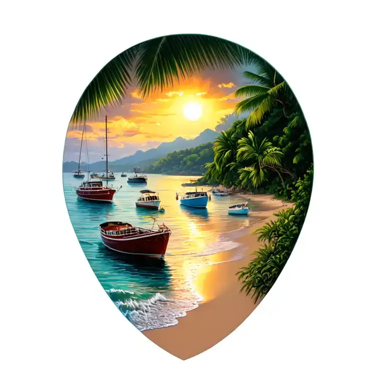 Sunset, Coco Beach & its Bay, Costa Rica, dozens of various size fishing + leisure boats anchored in distance in the Bay tattoo design idea