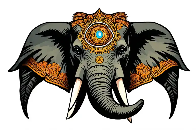 elephant head symmetrical with third eye  tattoo design idea