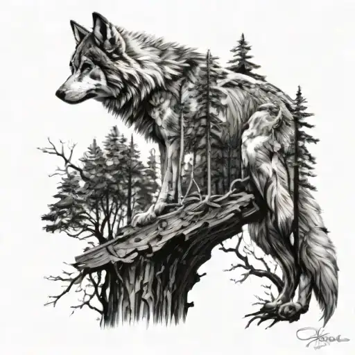 there is a forest in the middle with a stump and a chainsaw on it and a wolf is looking out of the forest tattoo design idea