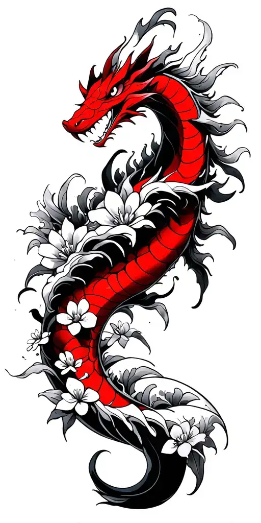 waves and small flowers as a base, red gyrados (pokemon) wrapped top to bottom tattoo design idea