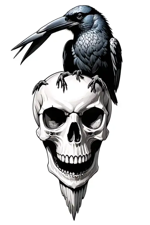 realistic, evil looking crow sitting on a sideways facing skull tattoo design idea