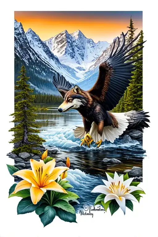 snow capped mountains, fisheagle, wolf, lilies, flowing river tattoo design idea