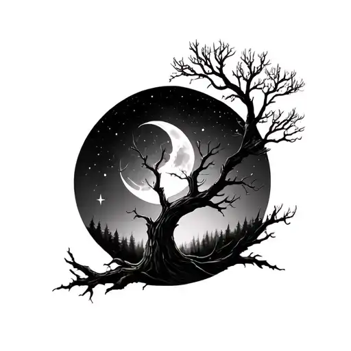 dry tree with moon and stars dark forest tattoo design idea