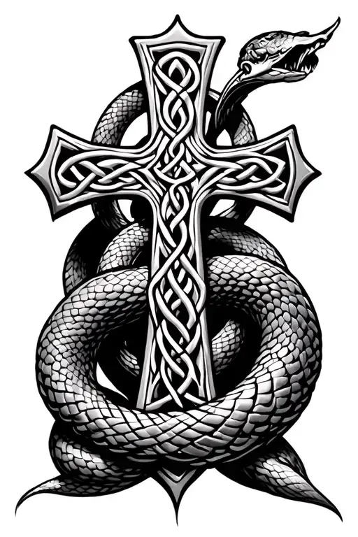 Celtic cross wrapped with snake coiled tattoo design idea