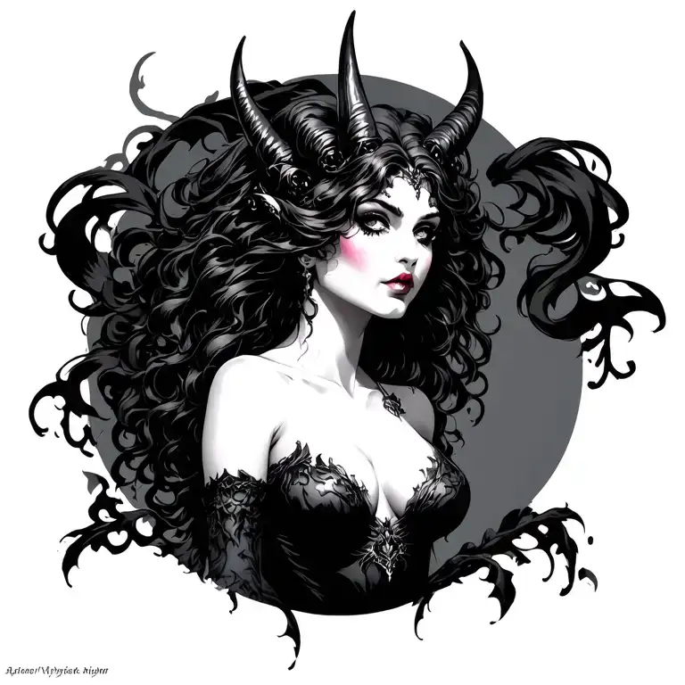 Gothic, Demoness, Big Boobs, Looking Right tattoo design idea