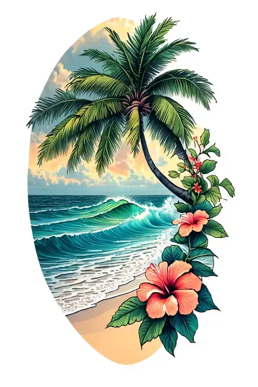 beach with palm tree and ocean waves crashing with hibiscus vine on the right side tattoo design idea