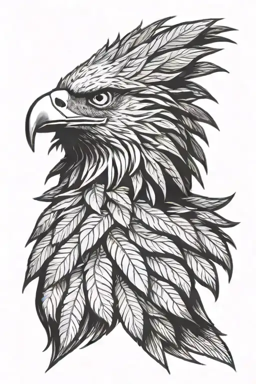 Eagle head, profile. Cannabis weed shaped feathers encircle head, radiating outwards. Detailed. tattoo design idea