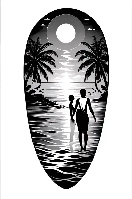 beach theme with family inspired elements with geometric shapes in the background palm trees and faith inspired images tattoo design idea