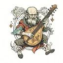 whimsical bard playing a magical instrument tattoo design idea