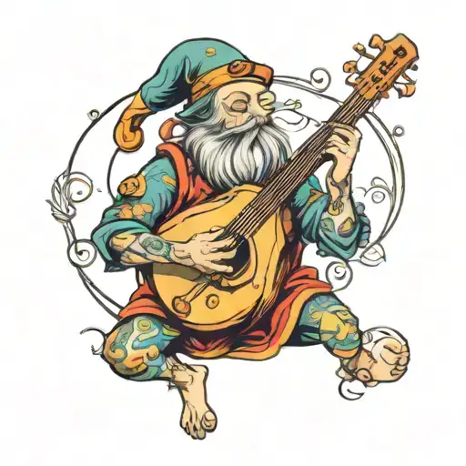 whimsical bard playing a magical instrument tattoo design idea