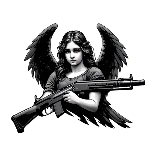 29 with an angel holding an AK 47 tattoo design idea