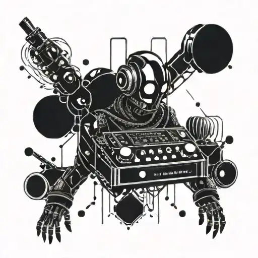 A robotic DJ mixing money symbols and binary code tattoo design idea